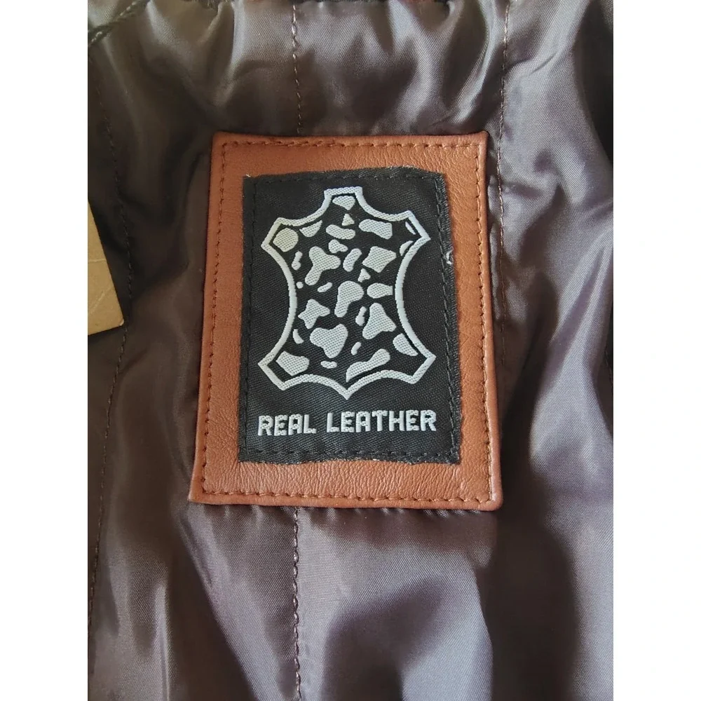 Men's Cognac Brown Real Leather Moto Biker Bomber Jacket Ribbed Collar Size L